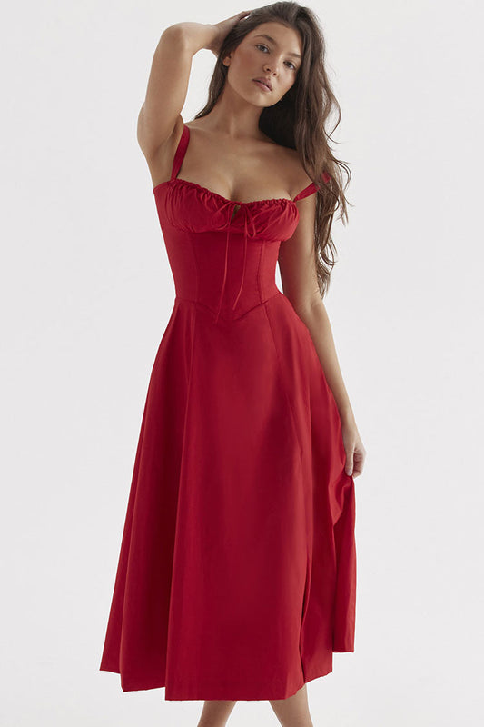 Women's Summer Midi Dress Red Cotton Fit & Flare 0
