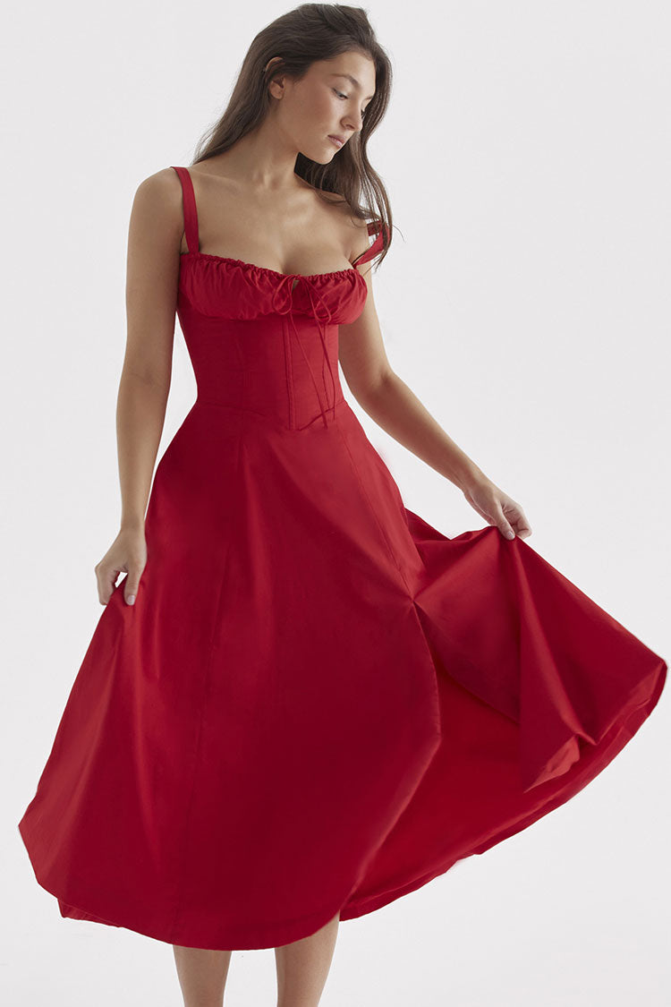 Women's Summer Midi Dress Red Cotton Fit & Flare 2