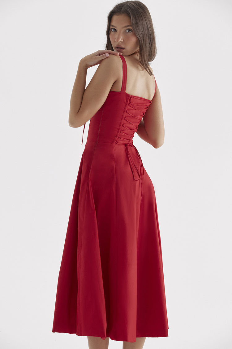 Women's Summer Midi Dress Red Cotton Fit & Flare 3
