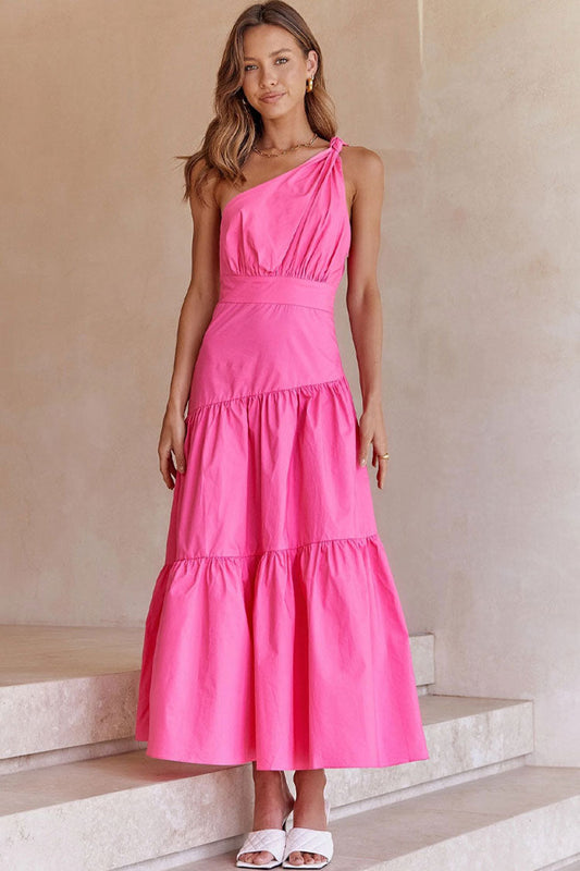 Women's Summer Midi Dress Rose Polyester One Shoulder Flowy