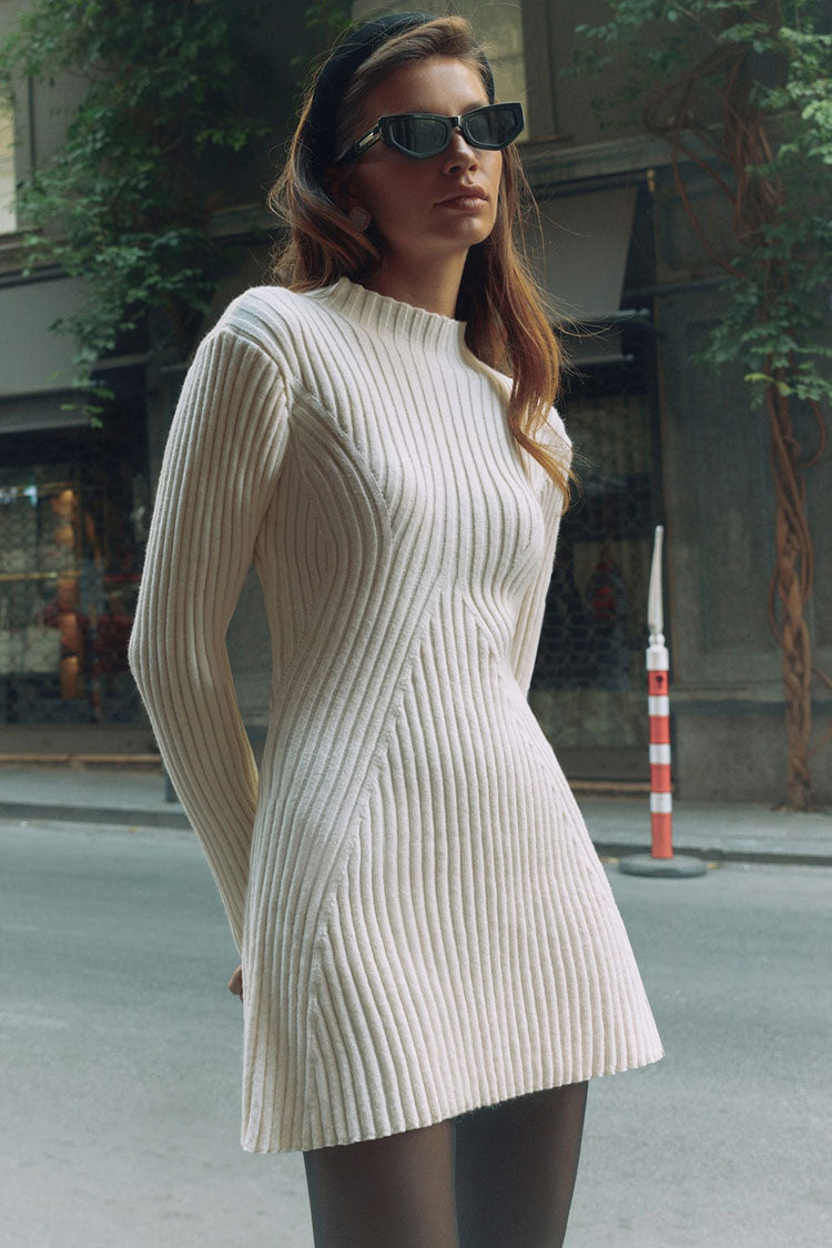 Women's Sweater Dress White Acrylic Cotton Mock Neck Long Sleeve Mini 3
