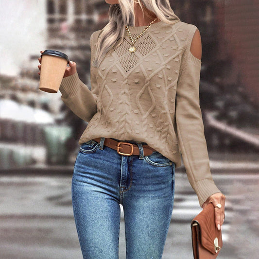Women’s Open Shoulder Cable Knit Sweater – Loose Fit with Ribbed Cuffs 1