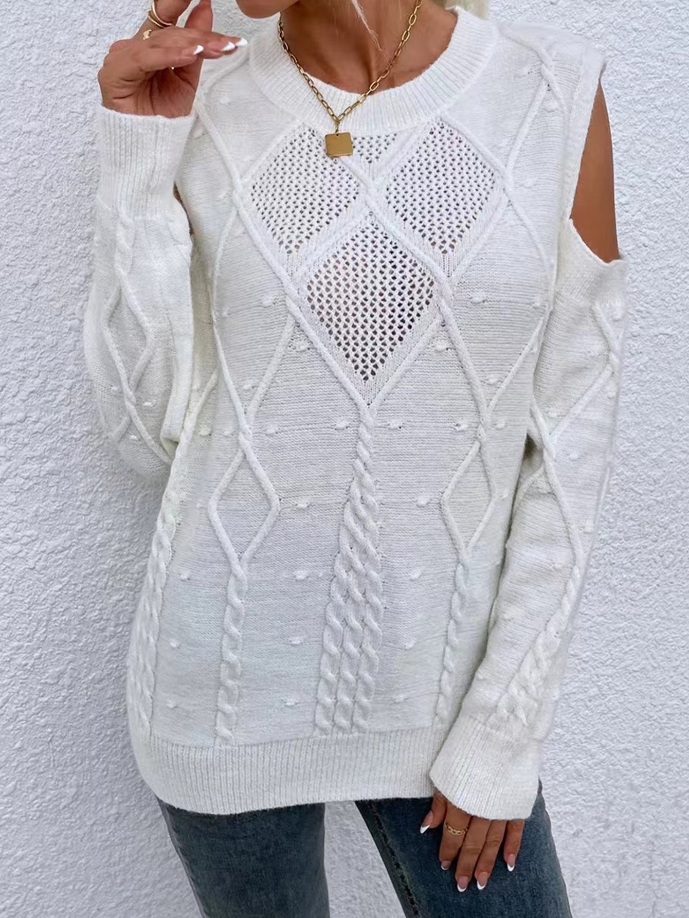 Women’s Open Shoulder Cable Knit Sweater – Loose Fit with Ribbed Cuffs 4