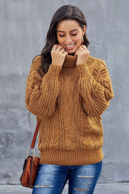 Oversized Cable Knit Turtleneck Sweater for Women - Warm Wool Blend 1