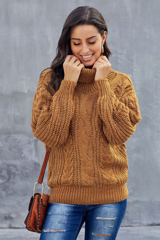 Oversized Cable Knit Turtleneck Sweater for Women - Warm Wool Blend 1