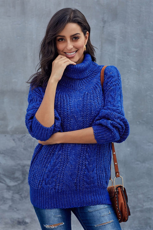 Oversized Cable Knit Turtleneck Sweater for Women - Warm Wool Blend 2