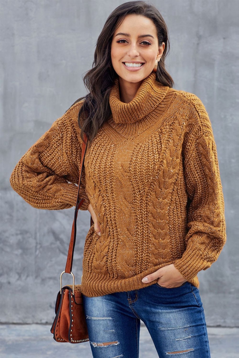 Oversized Cable Knit Turtleneck Sweater for Women - Warm Wool Blend 4