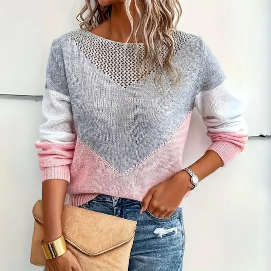 Women's Relaxed Fit Knitted Sweater with V-Panel Detail – Long Sleeve Autumn Winter Top 1