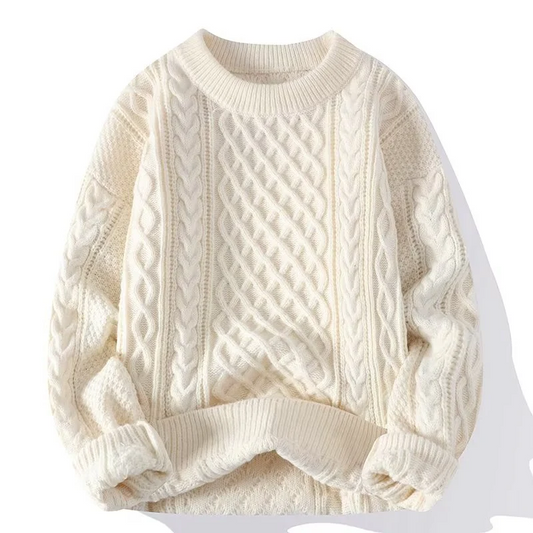 Women's Cable Knit Sweater in Cream - Relaxed Fit Ribbed Crew Neck Wool Blend 1