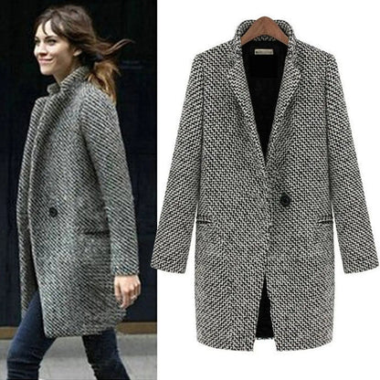 Women's Winter Coat Black Houndstooth Polyester Tailored Fit - 2