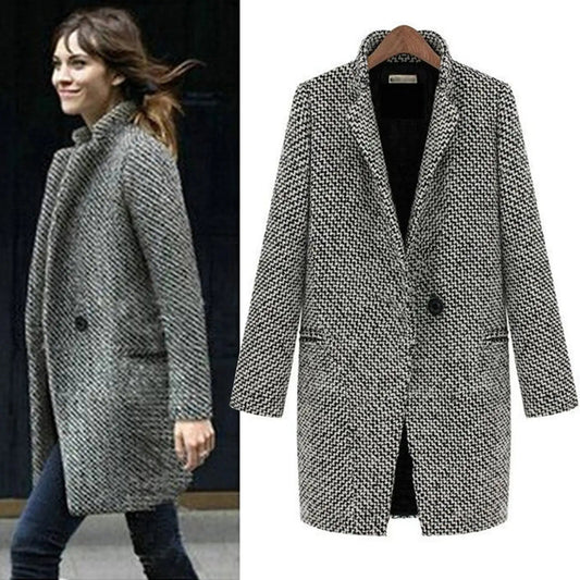 Women's Winter Coat Black Houndstooth Polyester Tailored Fit - 2