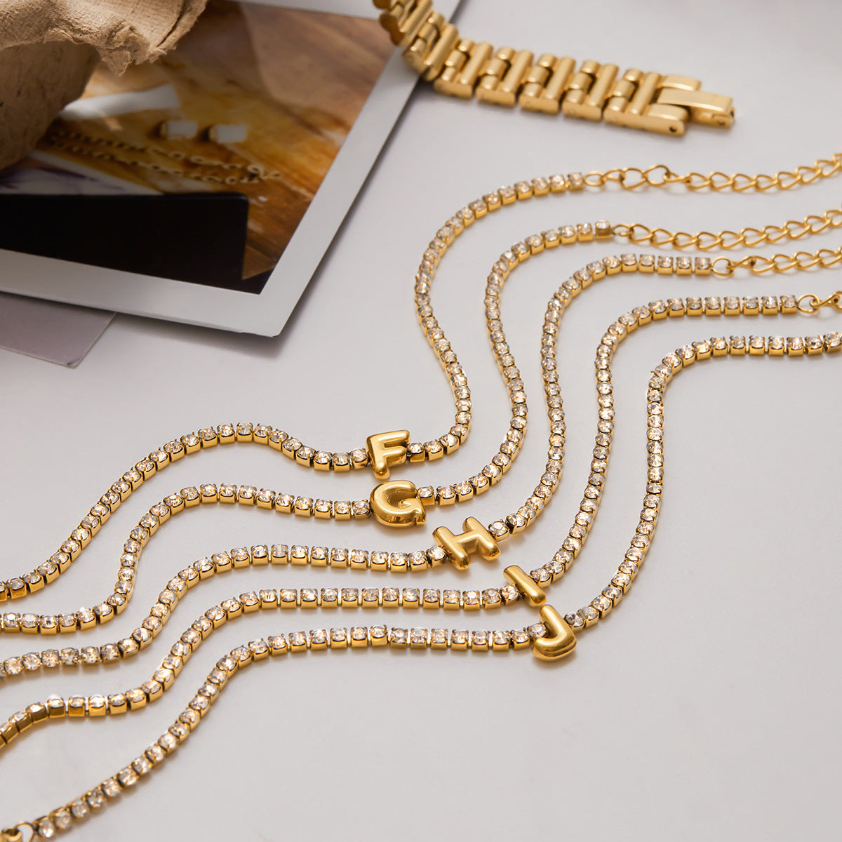 Women's Tennis Bracelet Gold Stainless Steel with Bubble Letter Design 3