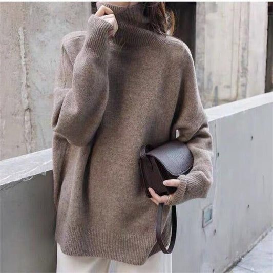 Oversized Womens Turtleneck Sweater - Soft Wool with Ribbed Details 1