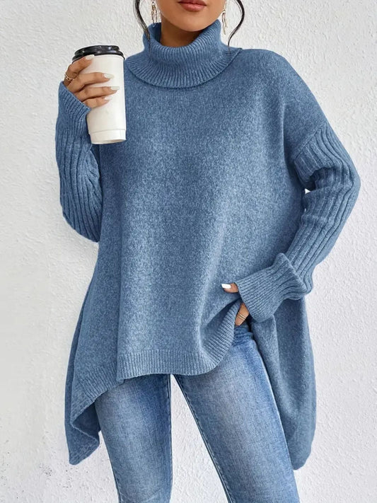 Oversized Womens Turtleneck Sweater - Cozy Wool Knit with Asymmetrical Hem 1