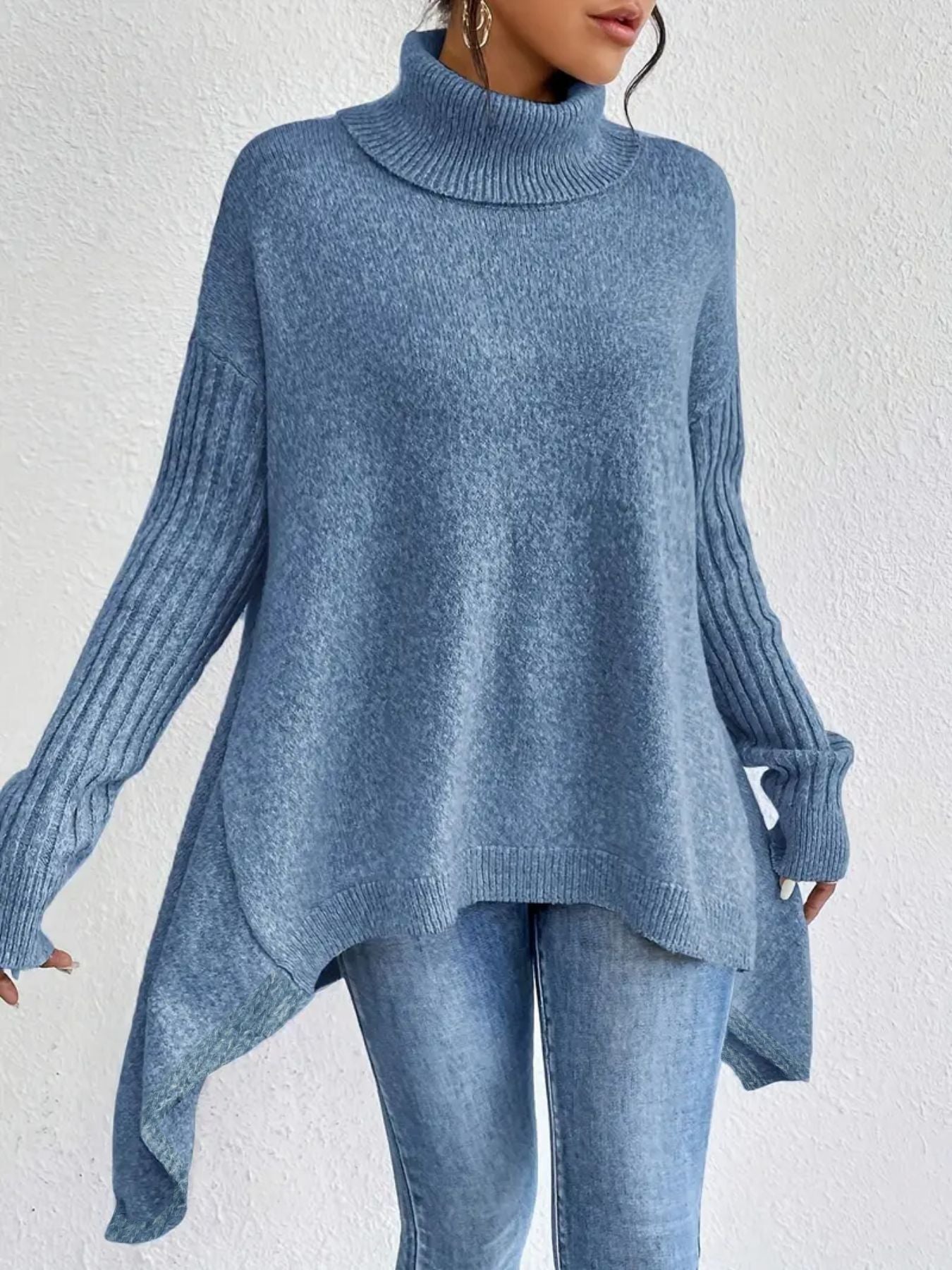 Oversized Womens Turtleneck Sweater - Cozy Wool Knit with Asymmetrical Hem 3