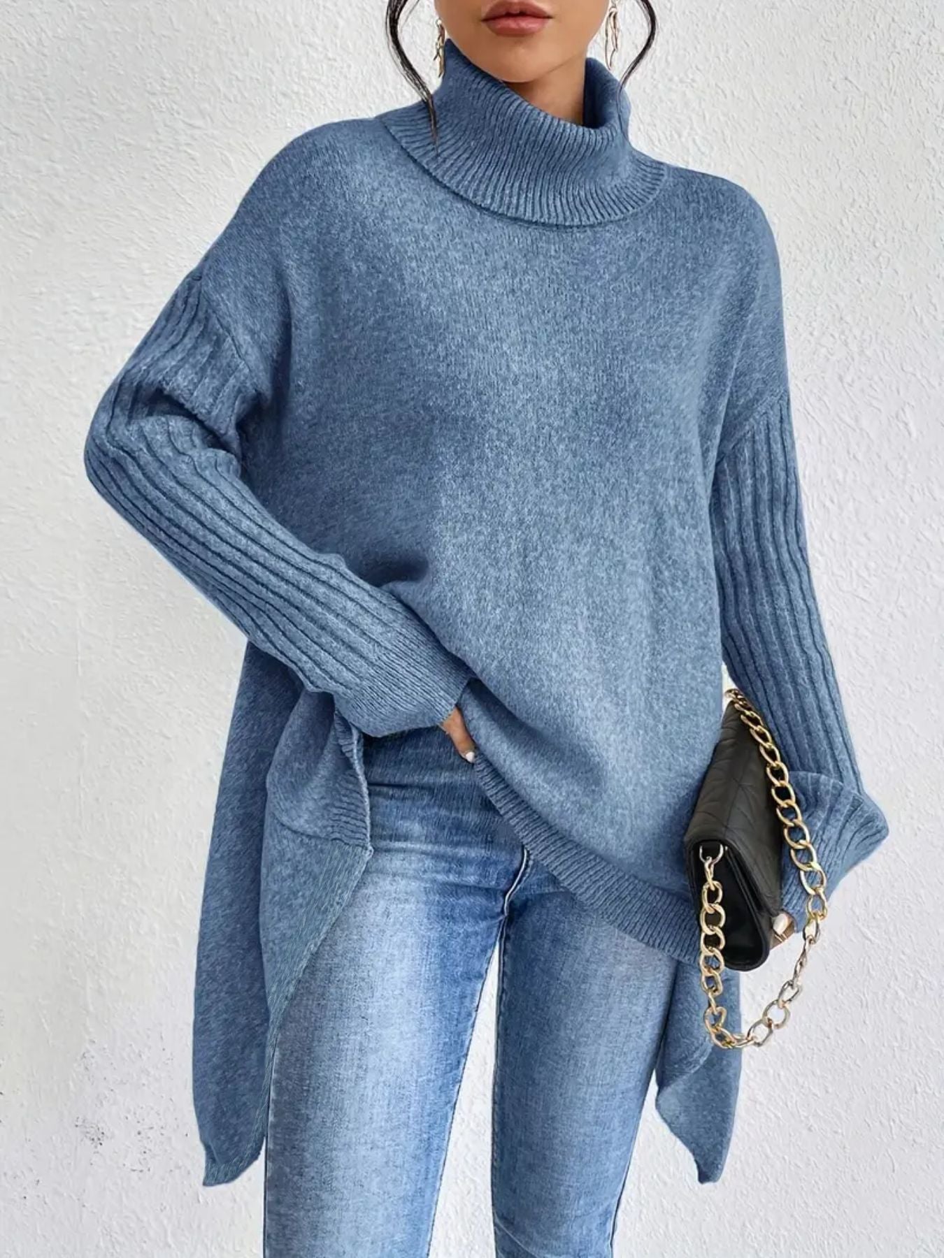 Oversized Womens Turtleneck Sweater - Cozy Wool Knit with Asymmetrical Hem 4