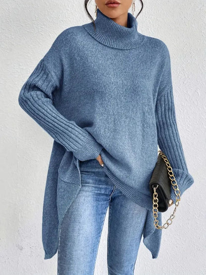 Oversized Womens Turtleneck Sweater - Cozy Wool Knit with Asymmetrical Hem 4