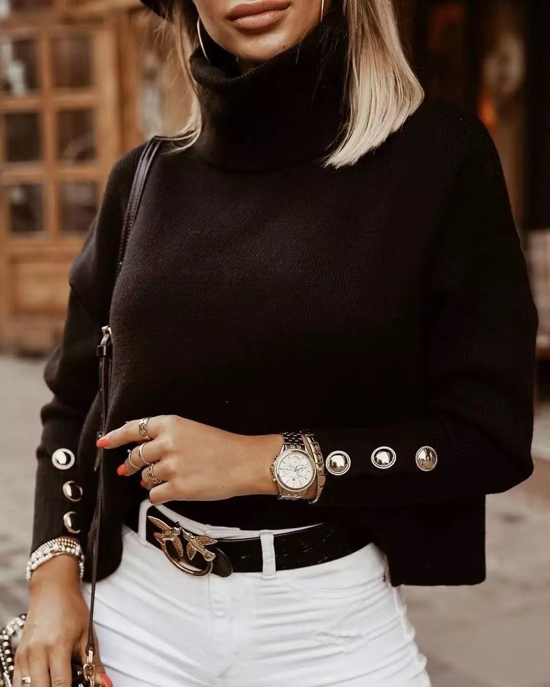 Womens Relaxed Fit Turtleneck Sweater with Button Sleeve Detail 4
