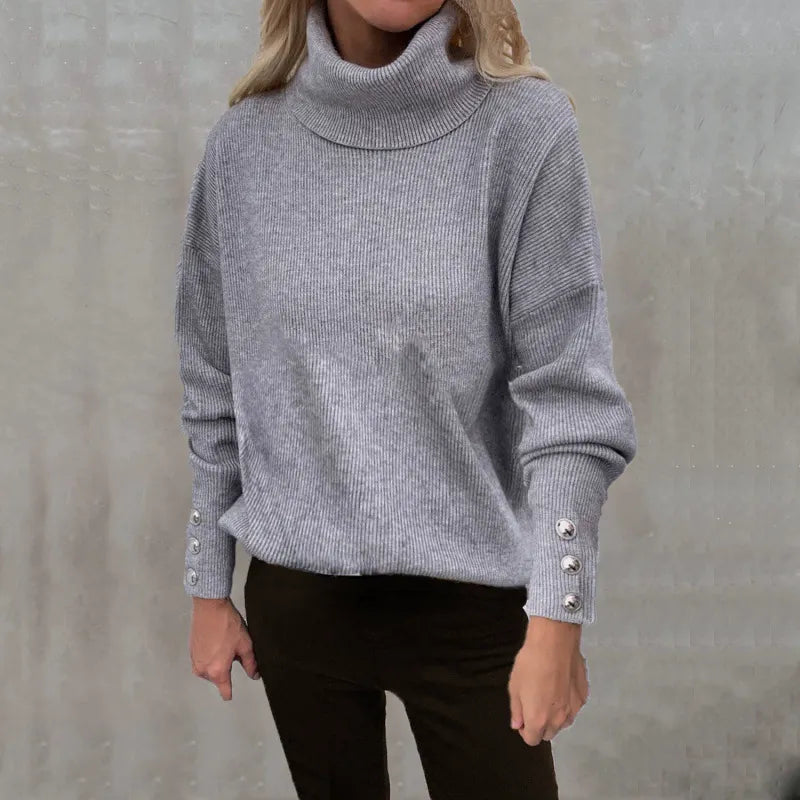 Womens Oversized Turtleneck Sweater – Ribbed Knit Long Sleeve with Button Details 1