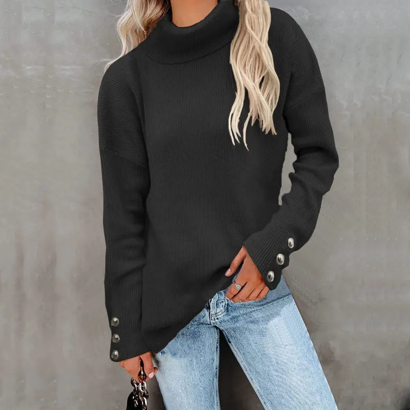 Womens Oversized Turtleneck Sweater – Ribbed Knit Long Sleeve with Button Details 2