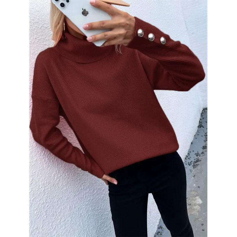 Womens Oversized Turtleneck Sweater – Ribbed Knit Long Sleeve with Button Details 3