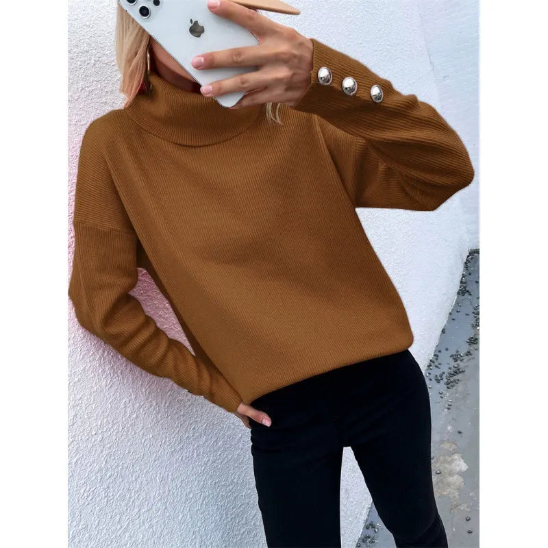 Womens Oversized Turtleneck Sweater – Ribbed Knit Long Sleeve with Button Details 4