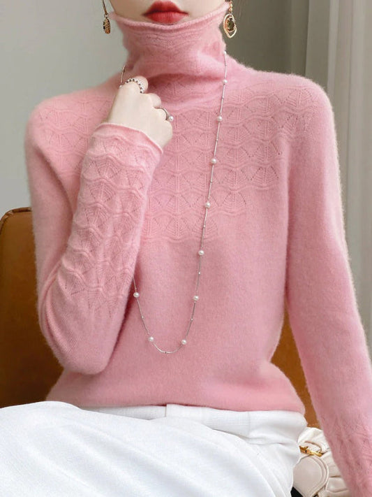 Slim Fit Women's Turtleneck Sweater in Gray – Wool Blend Hollow Knit Design 1