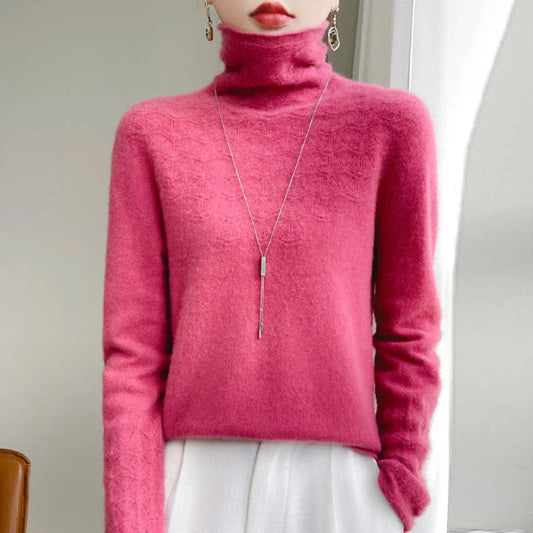 Slim Fit Women's Turtleneck Sweater in Gray – Wool Blend Hollow Knit Design 2