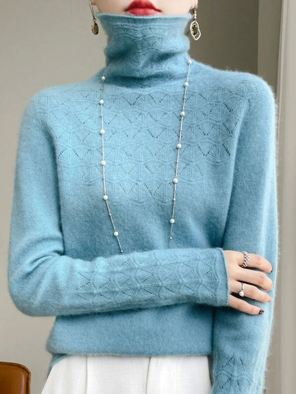 Slim Fit Women's Turtleneck Sweater in Gray – Wool Blend Hollow Knit Design 3