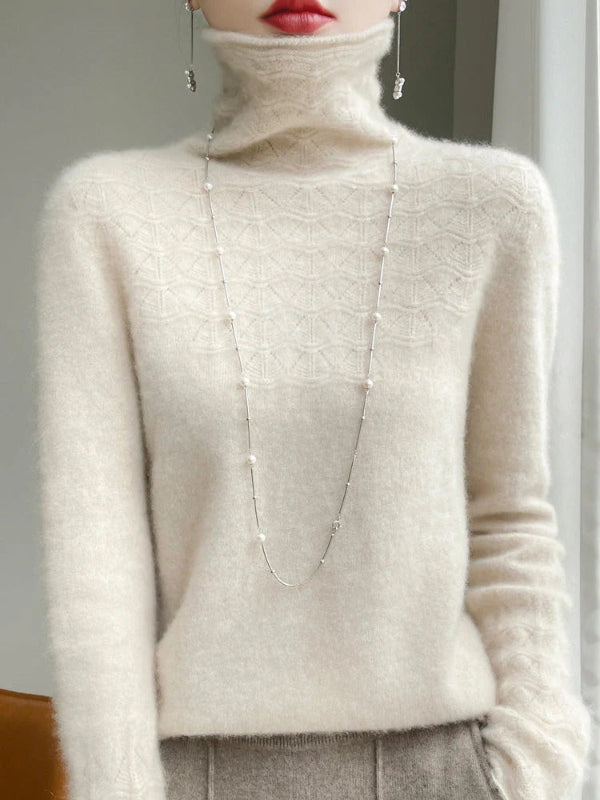 Slim Fit Women's Turtleneck Sweater in Gray – Wool Blend Hollow Knit Design 4