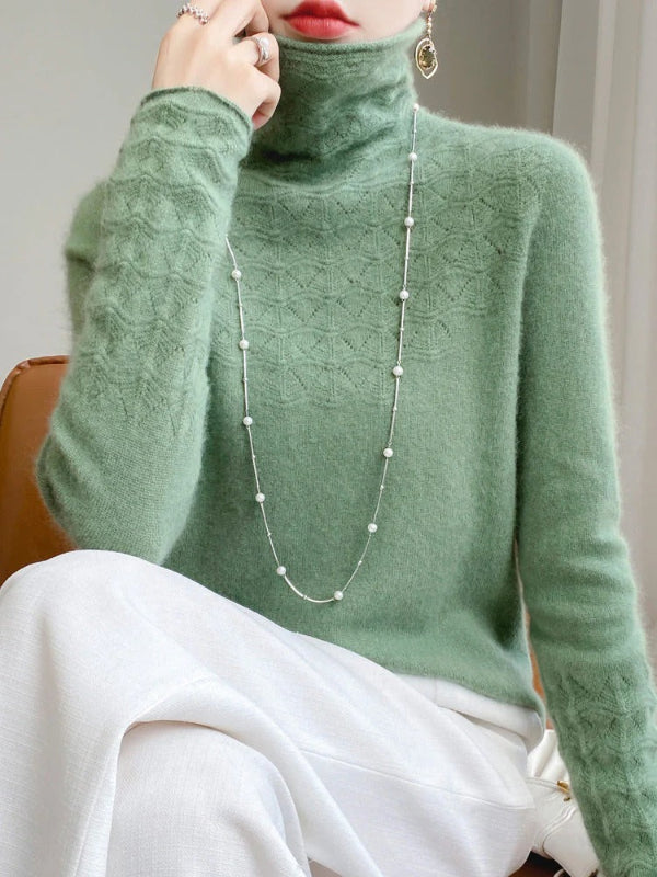 Slim Fit Women's Turtleneck Sweater in Gray – Wool Blend Hollow Knit Design 5