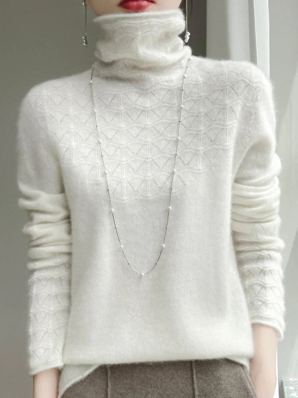 Slim Fit Women's Turtleneck Sweater in Gray – Wool Blend Hollow Knit Design 6