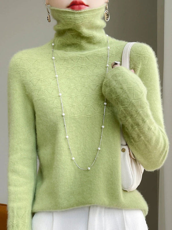 Slim Fit Women's Turtleneck Sweater in Gray – Wool Blend Hollow Knit Design 7