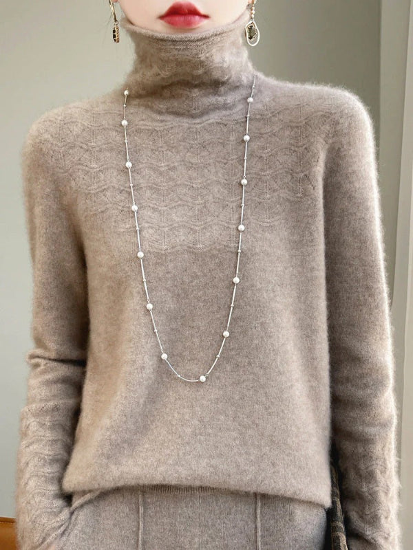 Slim Fit Women's Turtleneck Sweater in Gray – Wool Blend Hollow Knit Design 8