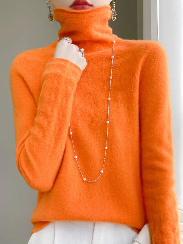 Slim Fit Women's Turtleneck Sweater in Gray – Wool Blend Hollow Knit Design 9