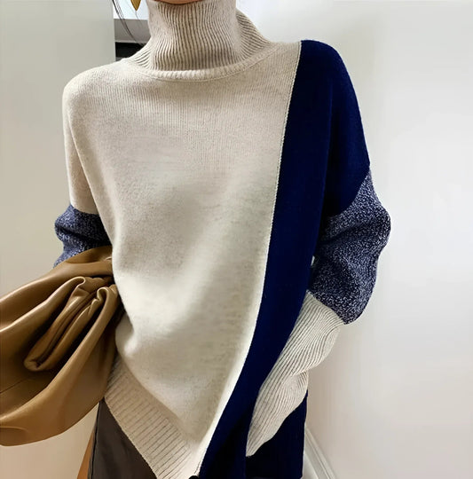 Womens Turtleneck Sweatshirt, Relaxed Fit Asymmetric Two-Tone Wool Blend Hoodie 1