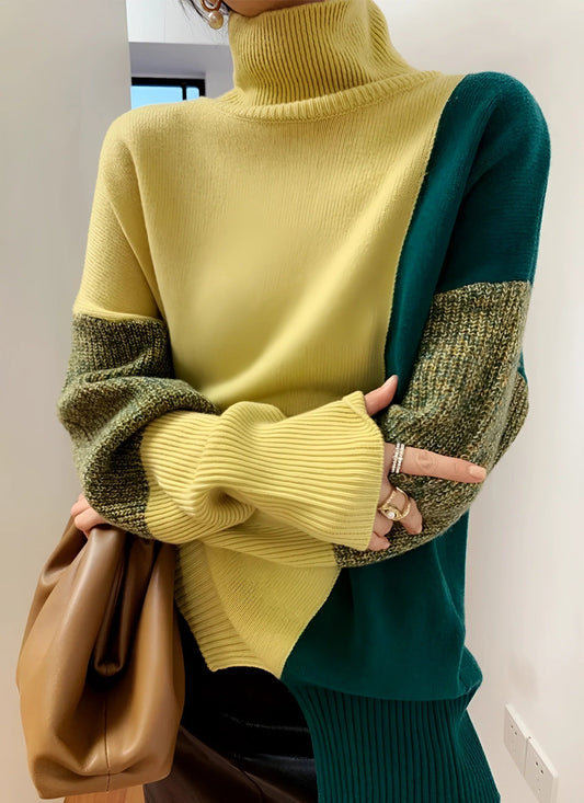 Womens Turtleneck Sweatshirt, Relaxed Fit Asymmetric Two-Tone Wool Blend Hoodie 2