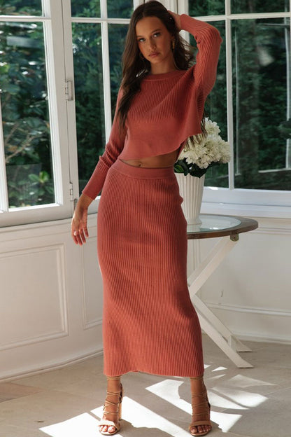 Women's Two Piece Dress Orange Red Ribbed Knit 0