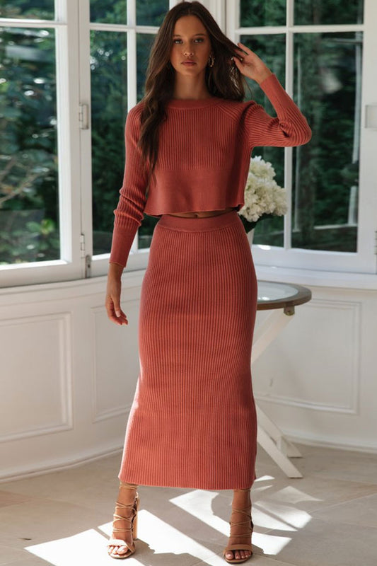 Women's Two Piece Dress Orange Red Ribbed Knit 1