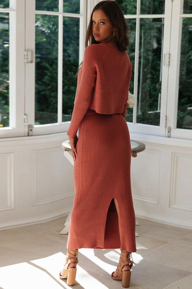 Women's Two Piece Dress Orange Red Ribbed Knit 3