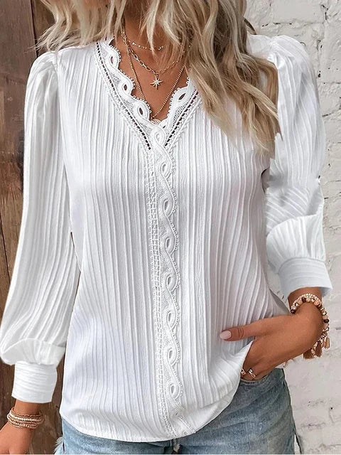 Women's V-Neck Lace Trim Blouse with Long Puff Sleeves – Relaxed Fit Summer Top 0