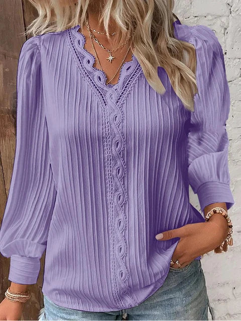 Women's V-Neck Lace Trim Blouse with Long Puff Sleeves – Relaxed Fit Summer Top 3