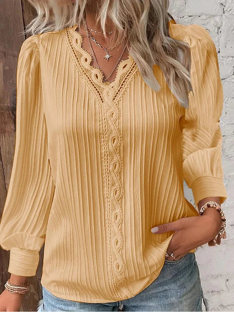 Women's V-Neck Lace Trim Blouse with Long Puff Sleeves – Relaxed Fit Summer Top 4