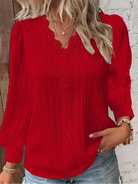Women's V-Neck Lace Trim Blouse with Long Puff Sleeves – Relaxed Fit Summer Top 5