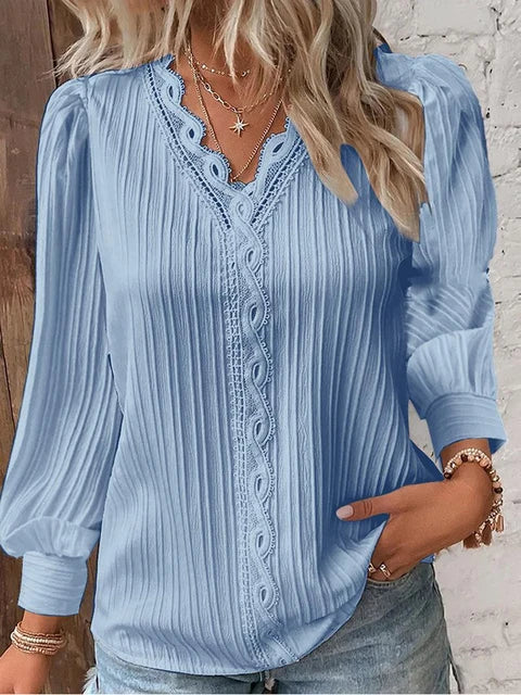 Women's V-Neck Lace Trim Blouse with Long Puff Sleeves – Relaxed Fit Summer Top 6