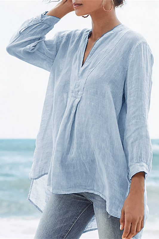 Women's V-Neck Patchwork Top – Casual Cotton Blend Shirt for Everyday Wear 0