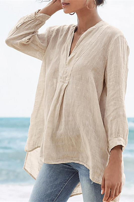 Women's V-Neck Patchwork Top – Casual Cotton Blend Shirt for Everyday Wear 1