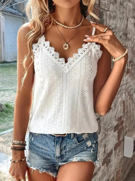 Women's V-Neck Sleeveless Eyelet Top with Adjustable Straps and Lace Trim 0
