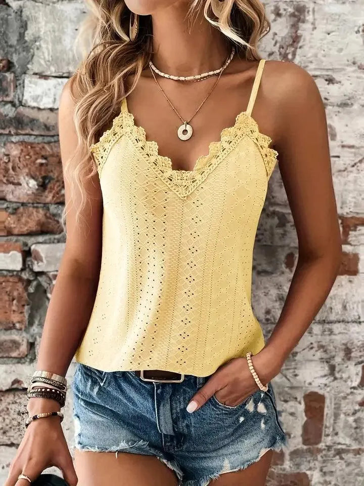 Women's V-Neck Sleeveless Eyelet Top with Adjustable Straps and Lace Trim 3