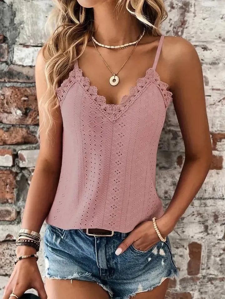 Women's V-Neck Sleeveless Eyelet Top with Adjustable Straps and Lace Trim 5